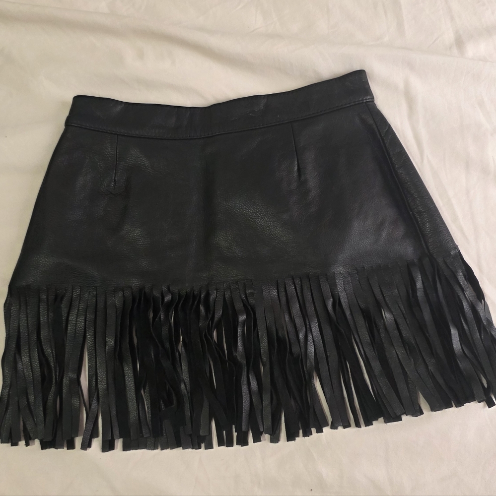 Genuine Black Leather Fringe Skirt - Picture 4 of 4